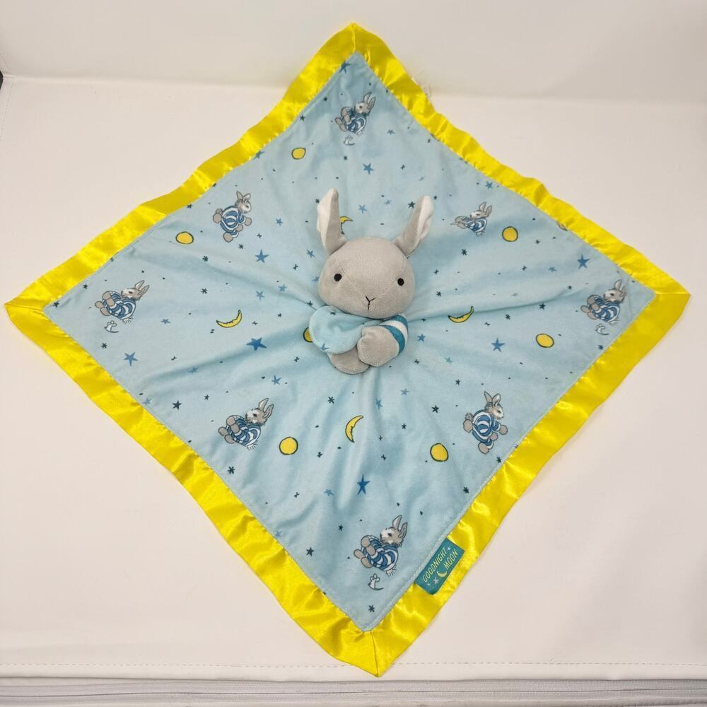Goodnight Moon Gray Bunny Rabbit Blue Yellow Lovey Security Blanket Satin Trim